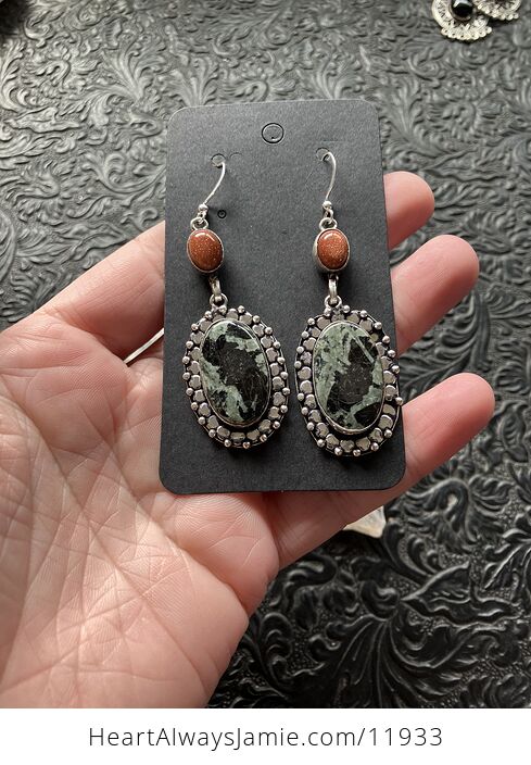 Green and Black Porphyry and Goldstone Crystal Jewelry Earrings - #tVZB058bwng-5