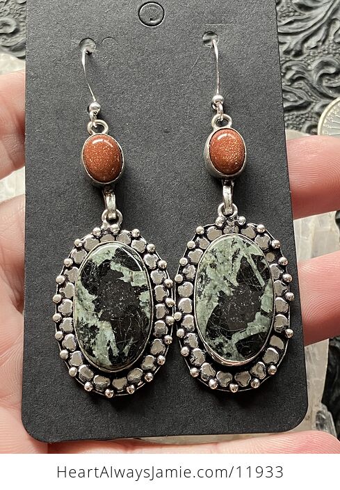 Green and Black Porphyry and Goldstone Crystal Jewelry Earrings - #tVZB058bwng-3