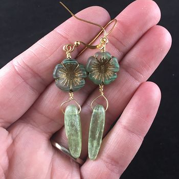 Green and Bronze Glass Hawaiian Flower and Green Kyanite Dagger Earrings with Gold Wire #gznmocQwRrI