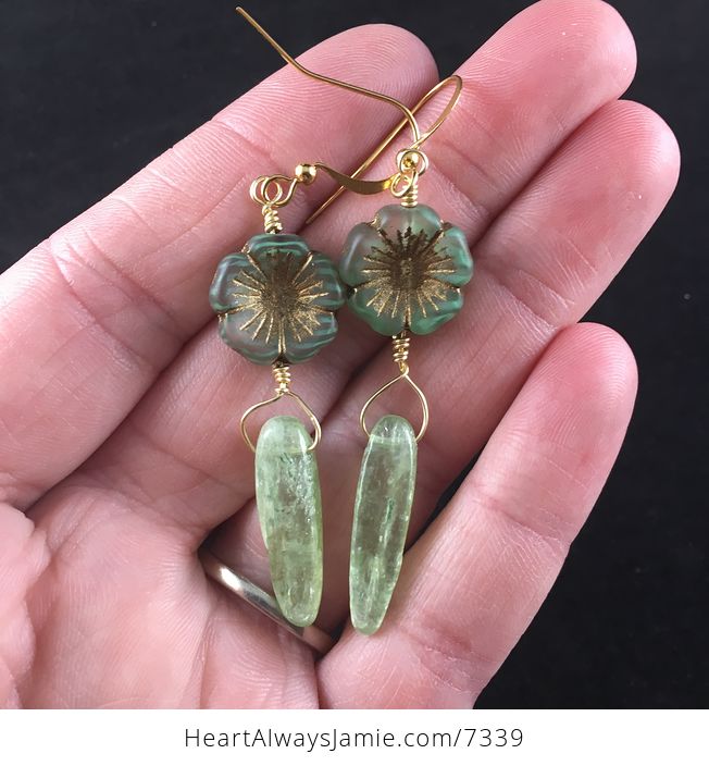 Green and Bronze Glass Hawaiian Flower and Green Kyanite Dagger Earrings with Gold Wire - #gznmocQwRrI-1