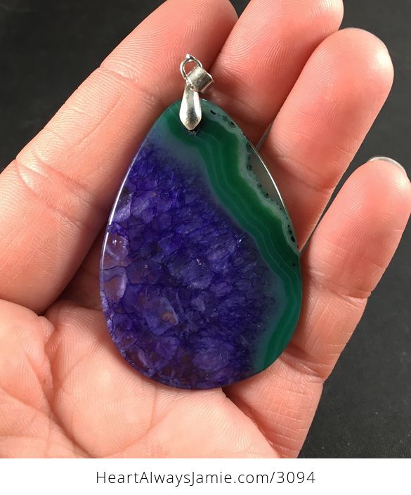 Green and Dark Purple Druzy Agate Stone Pendant Necklace - #fbyeNy5RyYQ-2