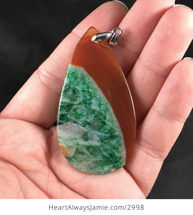 Green and Orange Druzy Agate Stone Pendant Necklace - #PbZtzGdvdYw-2