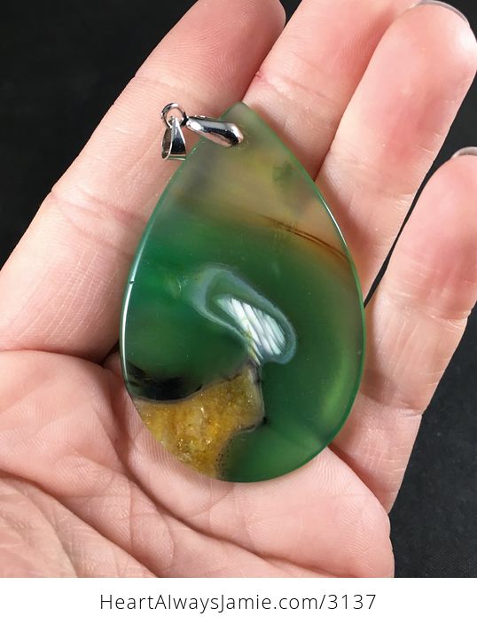 Green and Yellow Druzy Agate Stone Pendant Necklace - #7K4Q2SrJqqo-2