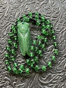 Green Aventurine Cicada Pendant Necklace with Black and Green Beads #CElDwqOG8Ec