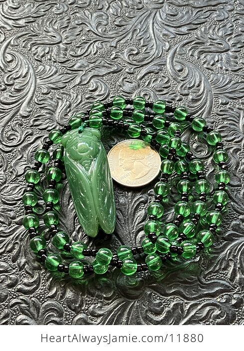 Green Aventurine Cicada Pendant Necklace with Black and Green Beads - #CElDwqOG8Ec-2