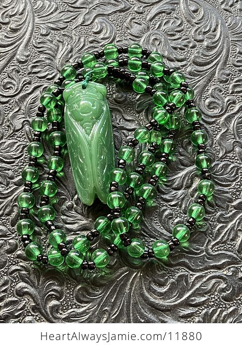 Green Aventurine Cicada Pendant Necklace with Black and Green Beads - #CElDwqOG8Ec-1