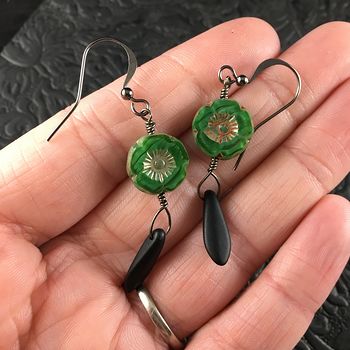 Green Glass Hawaiian Flower and Black Dagger Earrings with Black Wire #AI4zcMPp9As