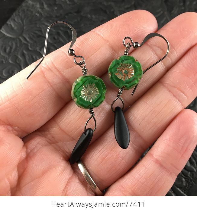 Green Glass Hawaiian Flower and Black Dagger Earrings with Black Wire - #AI4zcMPp9As-1