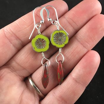 Green Glass Hawaiian Flower and Red and Green Picasso Dagger Earrings with Silver Wire #ujqqGJuO9jg