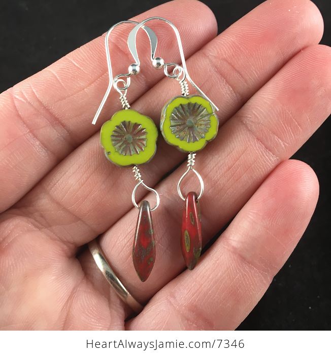 Green Glass Hawaiian Flower and Red and Green Picasso Dagger Earrings with Silver Wire - #ujqqGJuO9jg-1