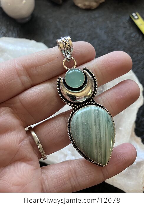 Green Imperial Jasper and Chalcedony Crescent Moon Crystal Stone Jewelry Pendant - #0yCUc4ugUmE-1