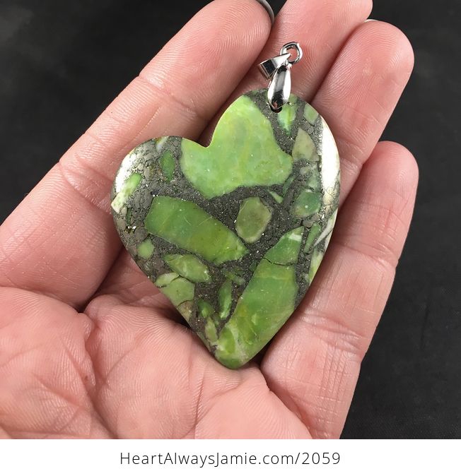 Green Matrix Pyrite Heart Shaped Stone Pendant - #I11vQfmtKi4-1