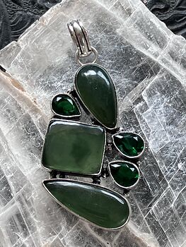 Green Nephrite and Faceted Quartz Crystal Stone Jewelry Pendant #eI1l9zw8uRU