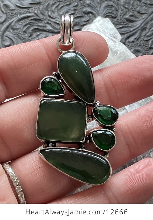 Green Nephrite and Faceted Quartz Crystal Stone Jewelry Pendant - #eI1l9zw8uRU-4