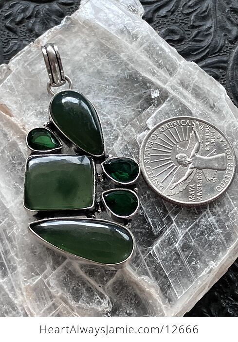 Green Nephrite and Faceted Quartz Crystal Stone Jewelry Pendant - #eI1l9zw8uRU-3