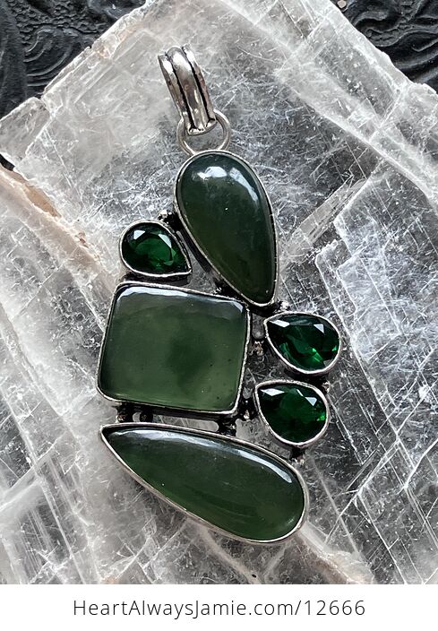 Green Nephrite and Faceted Quartz Crystal Stone Jewelry Pendant - #eI1l9zw8uRU-1