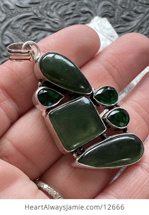 Green Nephrite and Faceted Quartz Crystal Stone Jewelry Pendant - #eI1l9zw8uRU-5