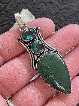 Green Nephrite Crystal Stone and Blue Gem Jewelry Pendant #pYTPeQdn7Hs