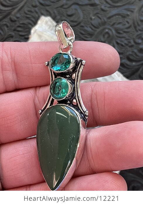 Green Nephrite Crystal Stone and Blue Gem Jewelry Pendant - #pYTPeQdn7Hs-3