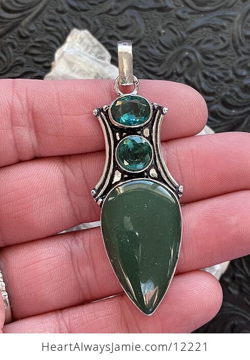 Green Nephrite Crystal Stone and Blue Gem Jewelry Pendant - #pYTPeQdn7Hs-2