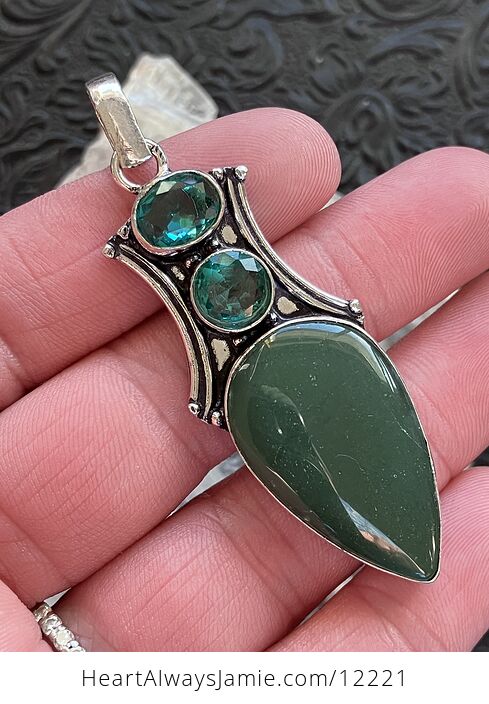 Green Nephrite Crystal Stone and Blue Gem Jewelry Pendant - #pYTPeQdn7Hs-1