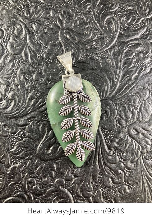 Green Nephrite Jade and Rainbow Moonstone Leaf Crystal Stone Jewelry Pendant - #Acm8VfcDerE-1