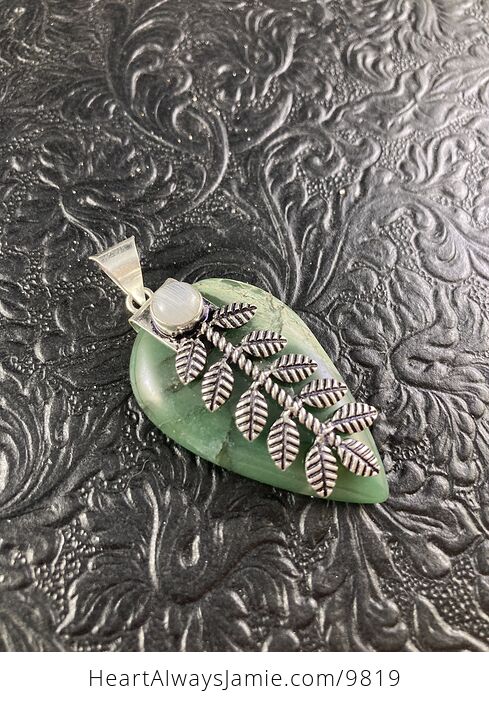 Green Nephrite Jade and Rainbow Moonstone Leaf Crystal Stone Jewelry Pendant - #Acm8VfcDerE-5
