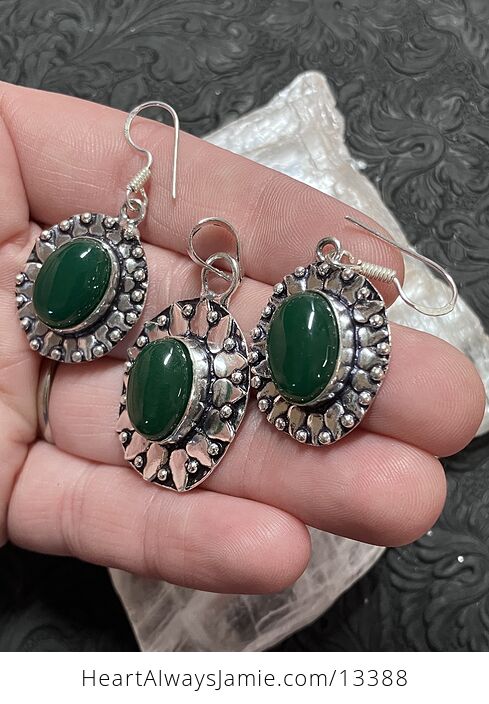 Green Onyx Chalcedony Crystal Stone Jewelry Pendant and Earrings Set - #Q3BeHHgHN6g-5