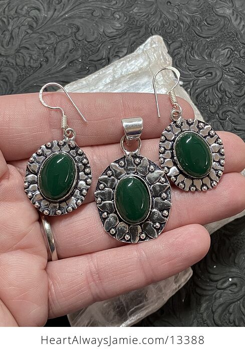 Green Onyx Chalcedony Crystal Stone Jewelry Pendant and Earrings Set - #Q3BeHHgHN6g-1