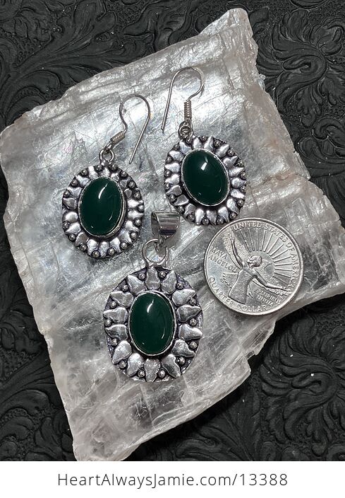 Green Onyx Chalcedony Crystal Stone Jewelry Pendant and Earrings Set - #Q3BeHHgHN6g-3