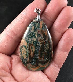 Green Orange and Brown Crazy Lace Agate Stone Pendant #ESyyDuEjms8