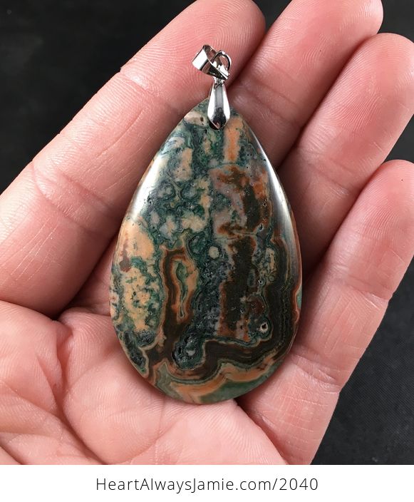 Green Orange and Brown Crazy Lace Agate Stone Pendant - #ESyyDuEjms8-1