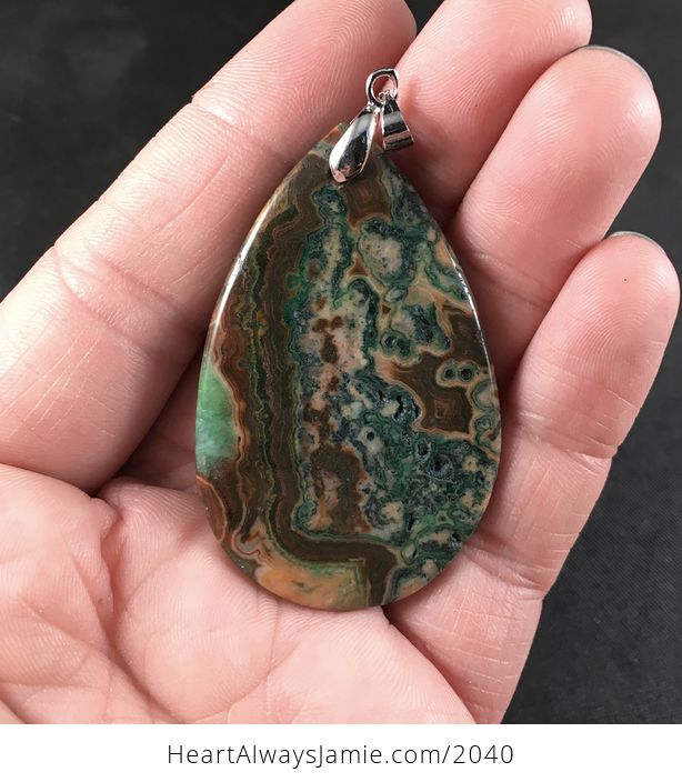 Green Orange and Brown Crazy Lace Agate Stone Pendant Necklace - #ESyyDuEjms8-2