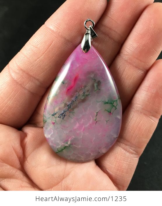 Green Pink and Blue Dragon Veins Agate Stone Pendant - #eFY8h3rNTGY-1