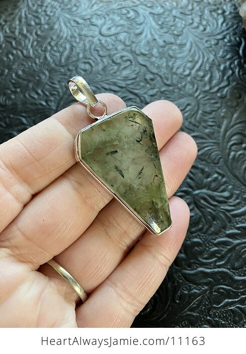 Green Prehnite with Epidote Coffin Shaped Crystal Stone Jewelry Pendant - #mh9UsBoY2c4-1