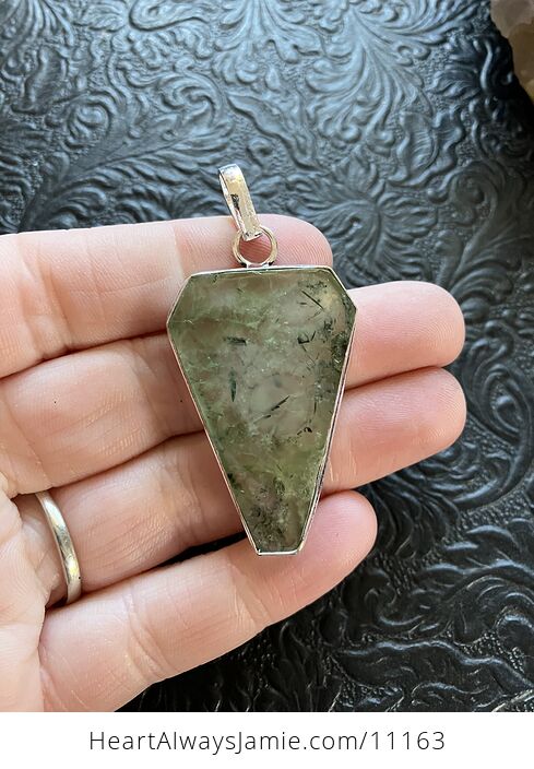 Green Prehnite with Epidote Coffin Shaped Crystal Stone Jewelry Pendant - #mh9UsBoY2c4-2