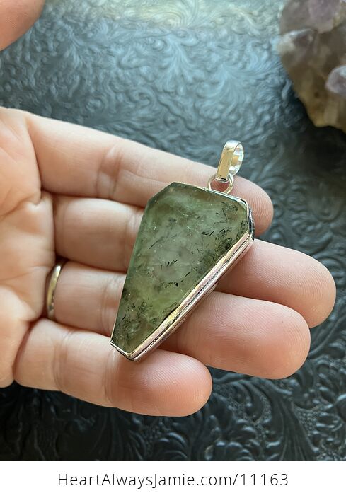 Green Prehnite with Epidote Coffin Shaped Crystal Stone Jewelry Pendant - #mh9UsBoY2c4-3