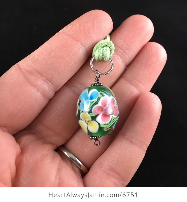 Green Spring Flower Lampwork Glass Jewelry Pendant Necklace - #pfs7aOnuqqs-1