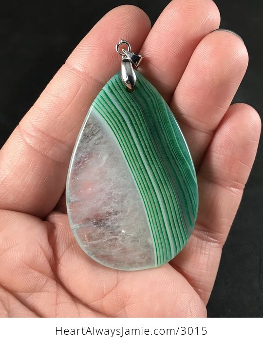 Green Stripes and White Druzy Agate Stone Pendant Necklace - #f7uCZmBRKdI-2