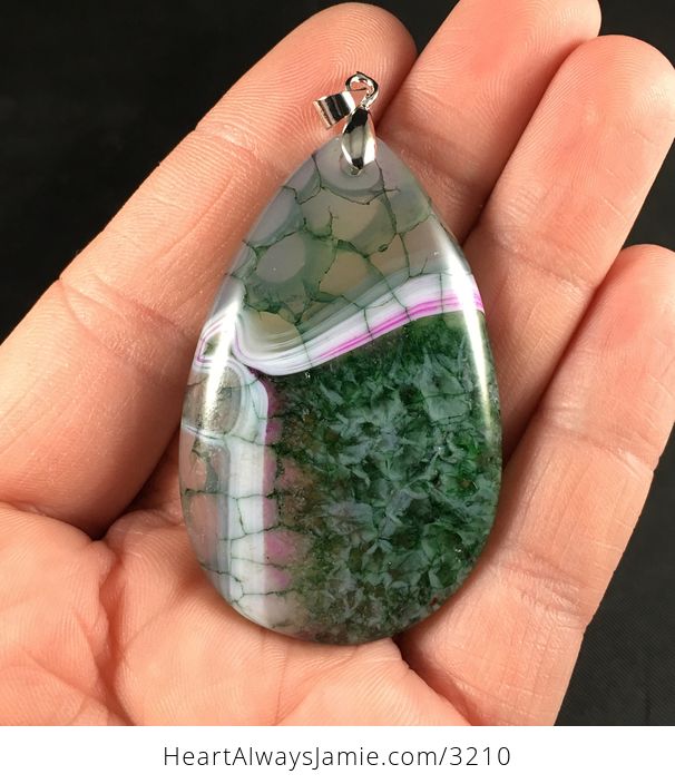 Green White and Pink Dragon Veins Druzy Agate Stone Pendant Necklace - #YP7SDFoD6F0-1