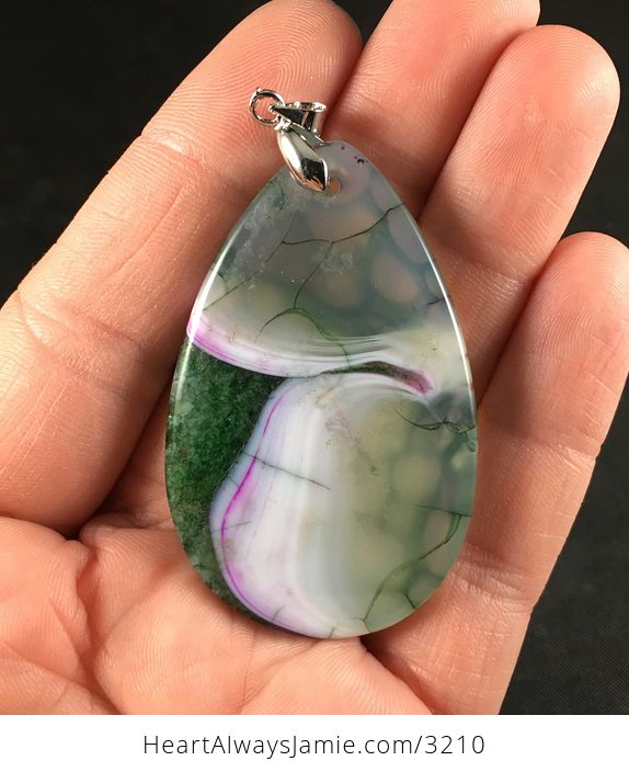 Green White and Pink Dragon Veins Druzy Agate Stone Pendant Necklace - #YP7SDFoD6F0-2