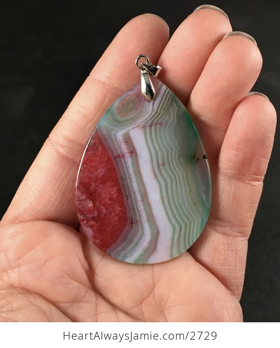 Green White and Red Druzy Agate Stone Pendant Necklace - #RFhP9kLRWxg-2