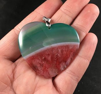 Green White and Red Heart Shaped Druzy Agate Stone Pendant #RbAdZ3YgbhU