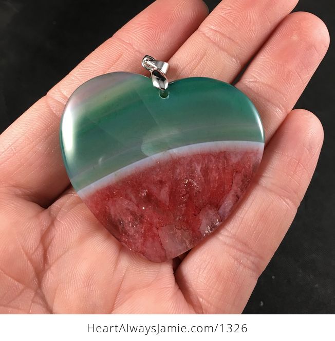 Green White and Red Heart Shaped Druzy Agate Stone Pendant - #RbAdZ3YgbhU-1
