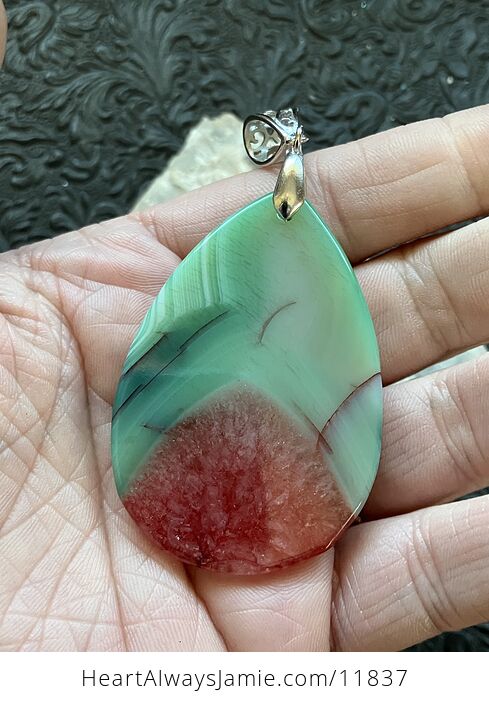 Green White and Red Watermelon Druzy Agate Stone Crystal Pendant - #3rm9dEXSt3g-6
