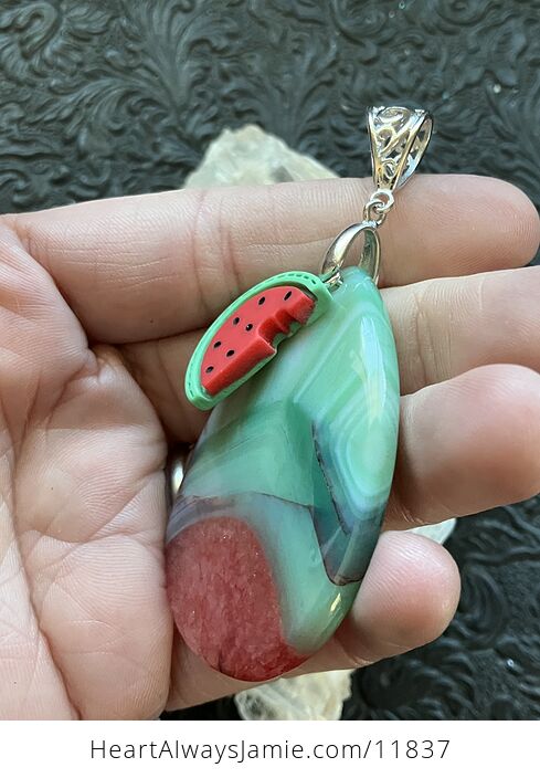Green White and Red Watermelon Druzy Agate Stone Crystal Pendant - #3rm9dEXSt3g-5