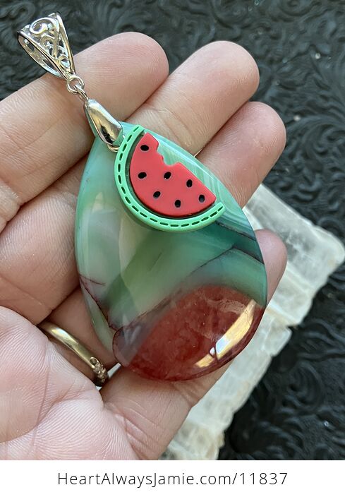 Green White and Red Watermelon Druzy Agate Stone Crystal Pendant - #3rm9dEXSt3g-4