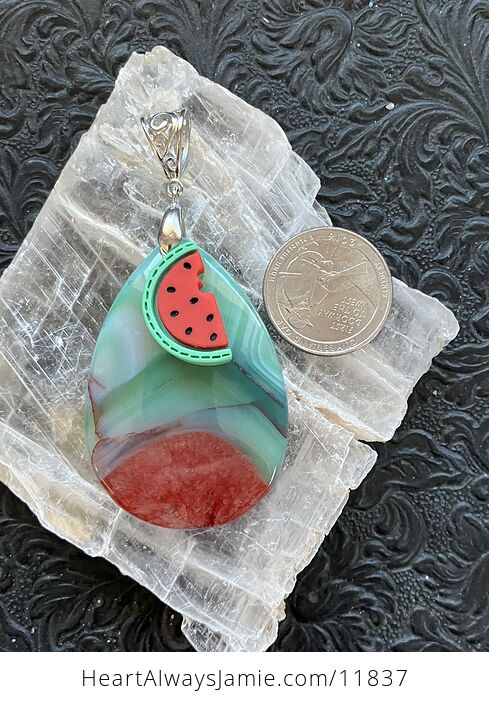 Green White and Red Watermelon Druzy Agate Stone Crystal Pendant - #3rm9dEXSt3g-8