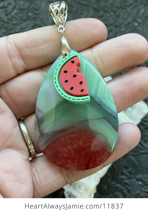 Green White and Red Watermelon Druzy Agate Stone Crystal Pendant - #3rm9dEXSt3g-3