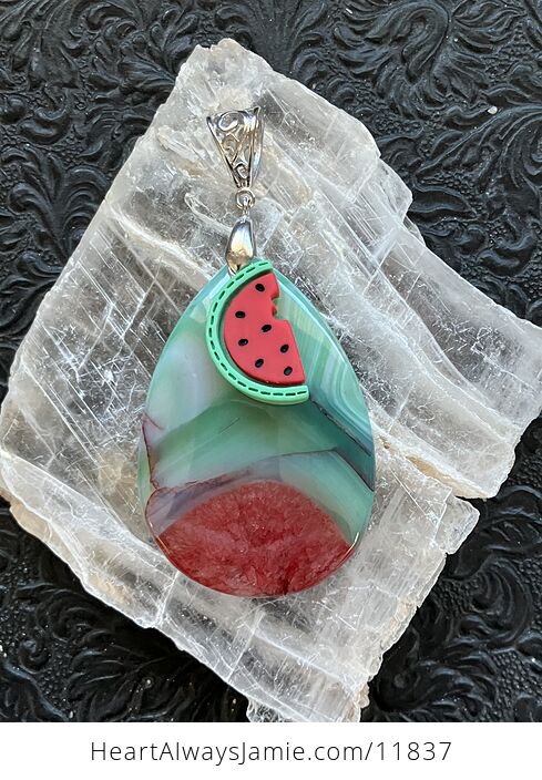 Green White and Red Watermelon Druzy Agate Stone Crystal Pendant - #3rm9dEXSt3g-7